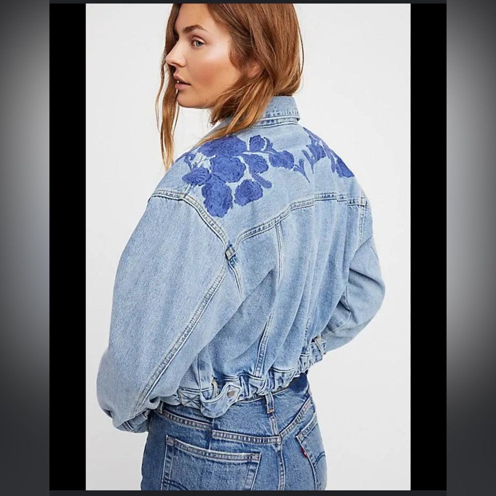 Free People Denim Embroidered Jacket Size Small